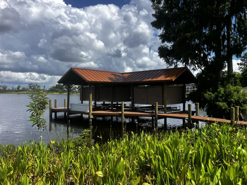 Lakefront boathouse seen from shore